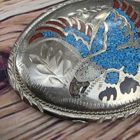 Vintage Handcrafted Inlay Belt Buckle Silver Tone Turquoise Eagle Western 3 Inch - Picture 2 of 11